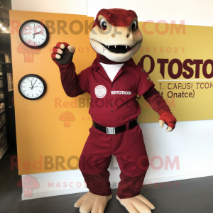 Maroon Komodo Dragon mascot costume character dressed with a Sheath Dress and Smartwatches