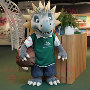 nan Stegosaurus mascot costume character dressed with a Rugby Shirt and Tote bags