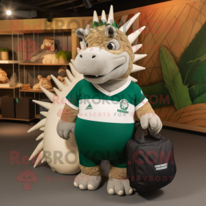 nan Stegosaurus mascot costume character dressed with a Rugby Shirt and Tote bags