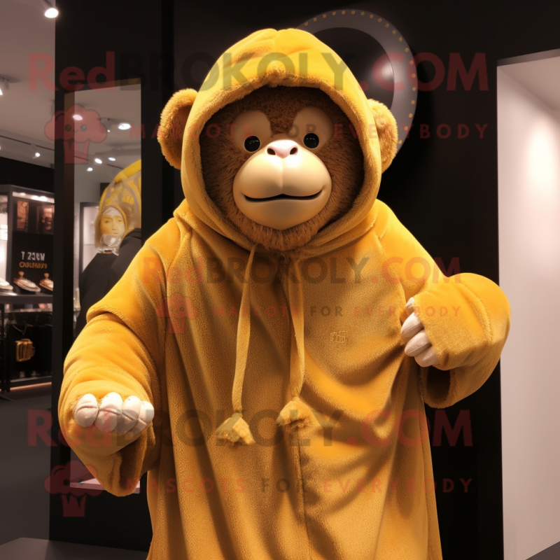 Gold Chimpanzee mascot costume character dressed with a Hoodie and Shawl pins