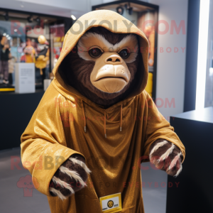 Gold Chimpanzee mascot costume character dressed with a Hoodie and Shawl pins