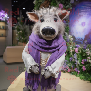 Lavender Wild Boar mascot costume character dressed with a Cardigan and Necklaces