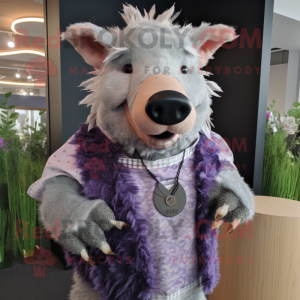 Lavender Wild Boar mascot costume character dressed with a Cardigan and Necklaces