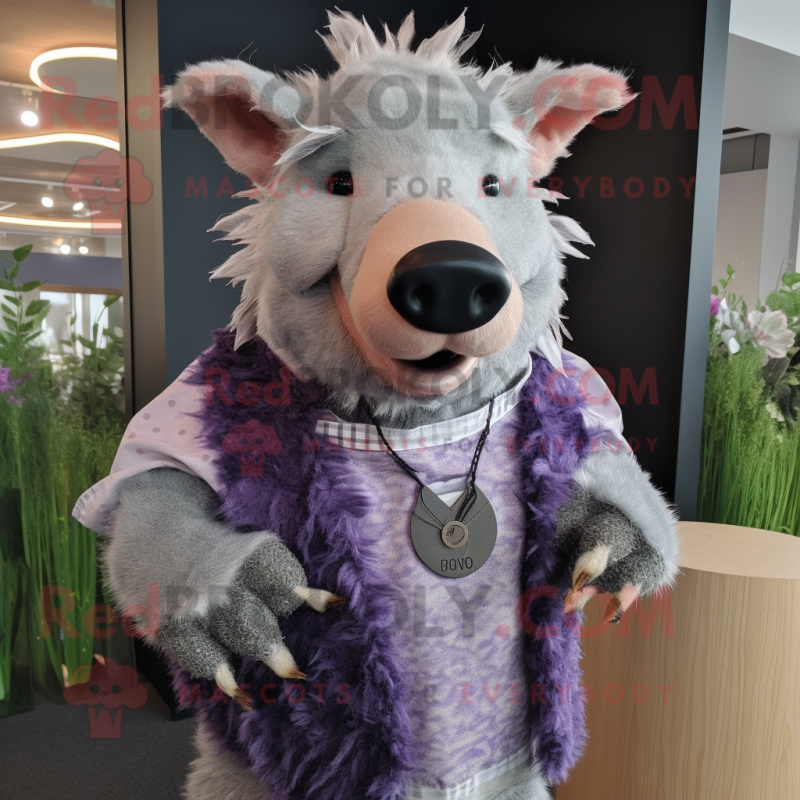 Lavender Wild Boar mascot costume character dressed with a Cardigan and Necklaces Lavender Wild Boar mascot costume character dressed with a Cardigan and Necklaces