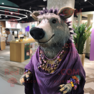 Lavender Wild Boar mascot costume character dressed with a Cardigan and Necklaces