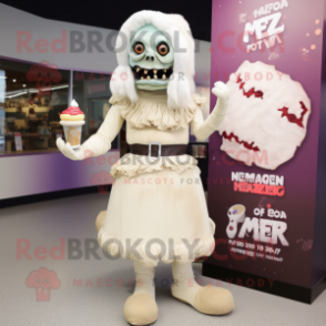 Cream Zombie mascot costume character dressed with a Empire Waist Dress and Mittens