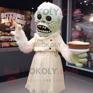 Cream Zombie mascot costume character dressed with a Empire Waist Dress and Mittens