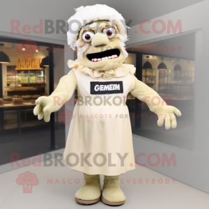 Cream Zombie mascot costume character dressed with a Empire Waist Dress and Mittens