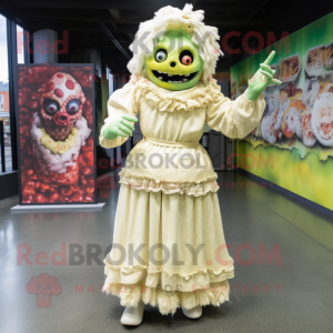 Cream Zombie mascot costume character dressed with a Empire Waist Dress and Mittens