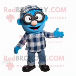 Blue Pho mascot costume character dressed with a Flannel Shirt and Eyeglasses