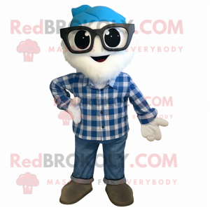 Blue Pho mascot costume character dressed with a Flannel Shirt and Eyeglasses