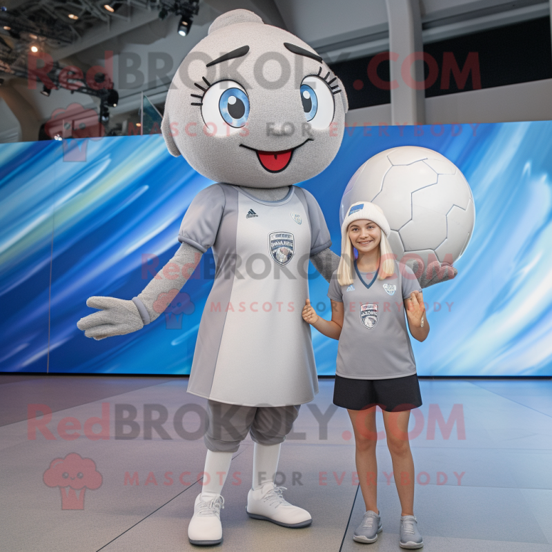 Silver Volleyball Ball mascot costume character dressed with a Mini Dress and Beanies Silver Volleyball Ball mascot costume character dressed with a Mini Dress and Beanies