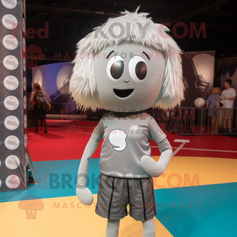 Silver Volleyball Ball mascot costume character dressed with a Mini Dress and Beanies Silver Volleyball Ball mascot costume character dressed with a Mini Dress and Beanies