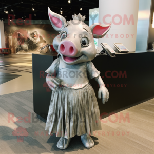 Silver Pig mascot costume character dressed with a Maxi Skirt and Keychains