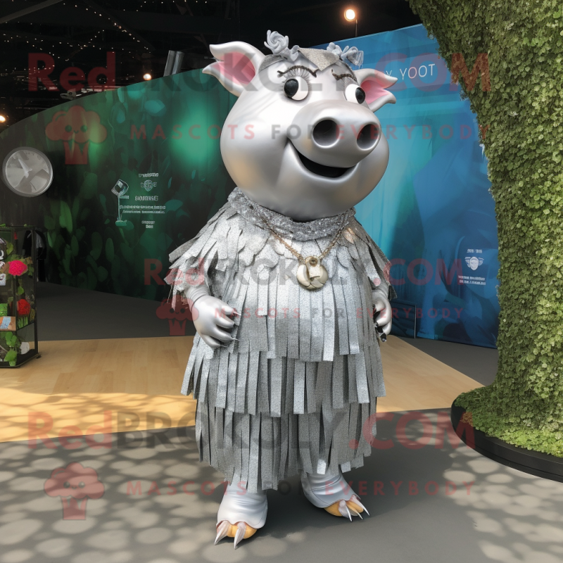 Silver Pig mascot costume character dressed with a Maxi Skirt and Keychains