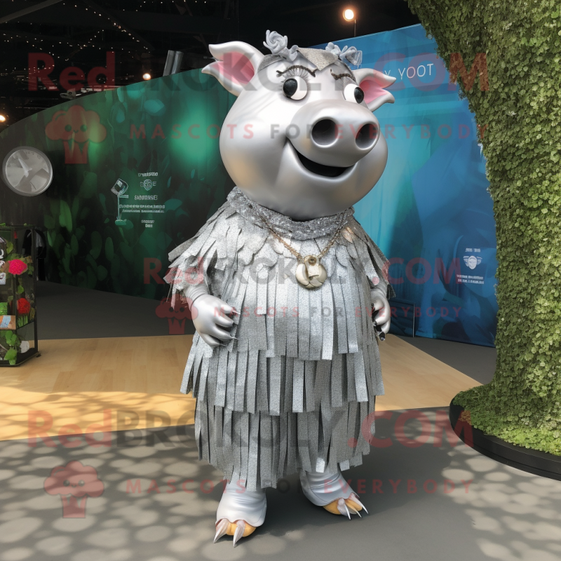 Silver Pig mascot costume character dressed with a Maxi Skirt and Keychains Silver Pig mascot costume character dressed with a Maxi Skirt and Keychains