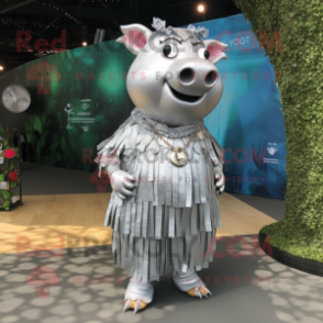 Silver Pig mascot costume character dressed with a Maxi Skirt and Keychains