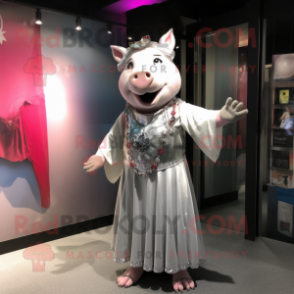 Silver Pig mascot costume character dressed with a Maxi Skirt and Keychains