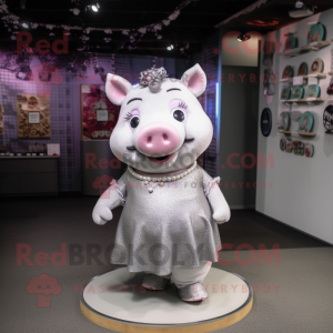 Silver Pig mascot costume character dressed with a Maxi Skirt and Keychains