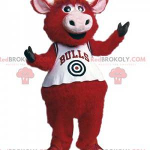 Red beef mascot with a white supporter jersey - Redbrokoly.com