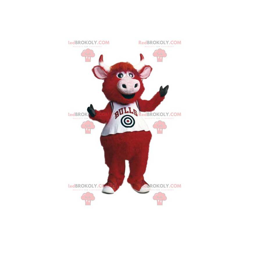 Mascotte de bœuf rouge avec un maillot de supporter blanc - Mascotte de bœuf rouge avec un maillot de supporter blanc -