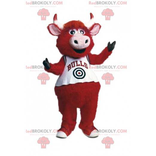 Red beef mascot with a white supporter jersey - Redbrokoly.com