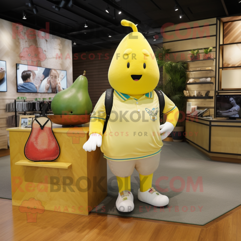Yellow Pear mascot costume character dressed with a Polo Tee and Coin purses Yellow Pear mascot costume character dressed with a Polo Tee and Coin purses