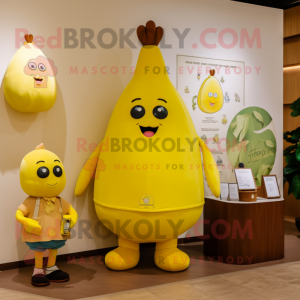 Yellow Pear mascot costume character dressed with a Polo Tee and Coin purses