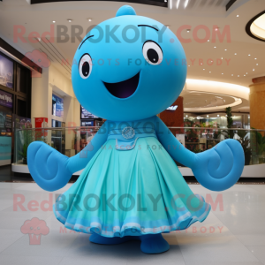 Turquoise Blue Whale mascot costume character dressed with a Circle Skirt and Necklaces