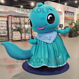 Turquoise Blue Whale mascot costume character dressed with a Circle Skirt and Necklaces