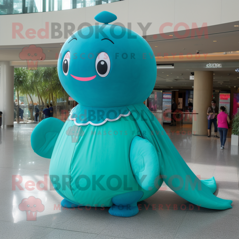 Turquoise Blue Whale mascot costume character dressed with a Circle Skirt and Necklaces