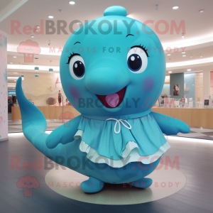 Turquoise Blue Whale mascot costume character dressed with a Circle Skirt and Necklaces