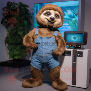 Brown Sloth mascot costume character dressed with a Denim Shorts and Digital watches