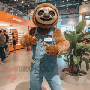 Brown Sloth mascot costume character dressed with a Denim Shorts and Digital watches