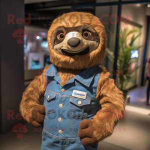 Brown Sloth mascot costume character dressed with a Denim Shorts and Digital watches