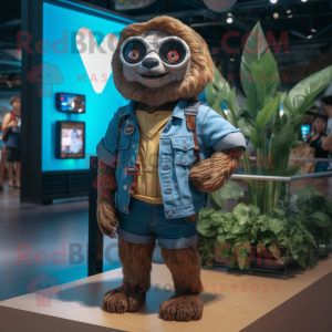 Brown Sloth mascot costume character dressed with a Denim Shorts and Digital watches