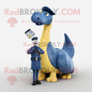 Navy Brachiosaurus mascot costume character dressed with a Raincoat and Smartwatches