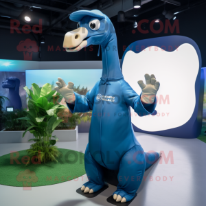 Navy Brachiosaurus mascot costume character dressed with a Raincoat and Smartwatches