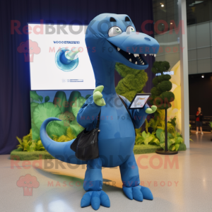 Navy Brachiosaurus mascot costume character dressed with a Raincoat and Smartwatches