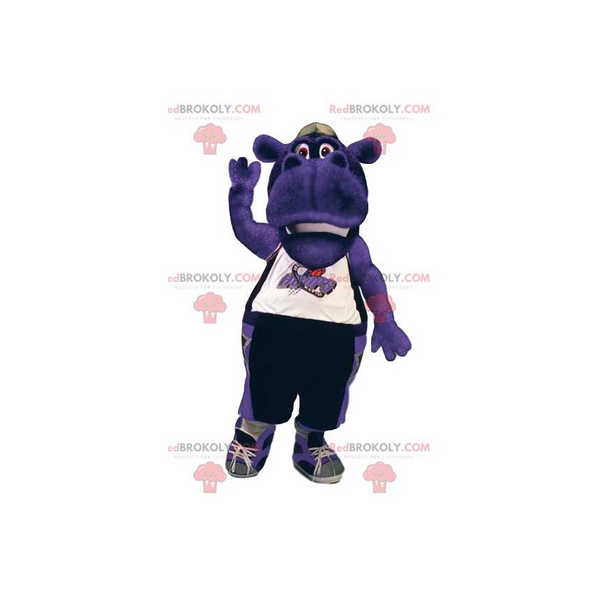 Hipopótamo roxo de mascote em roupas esportivas. -