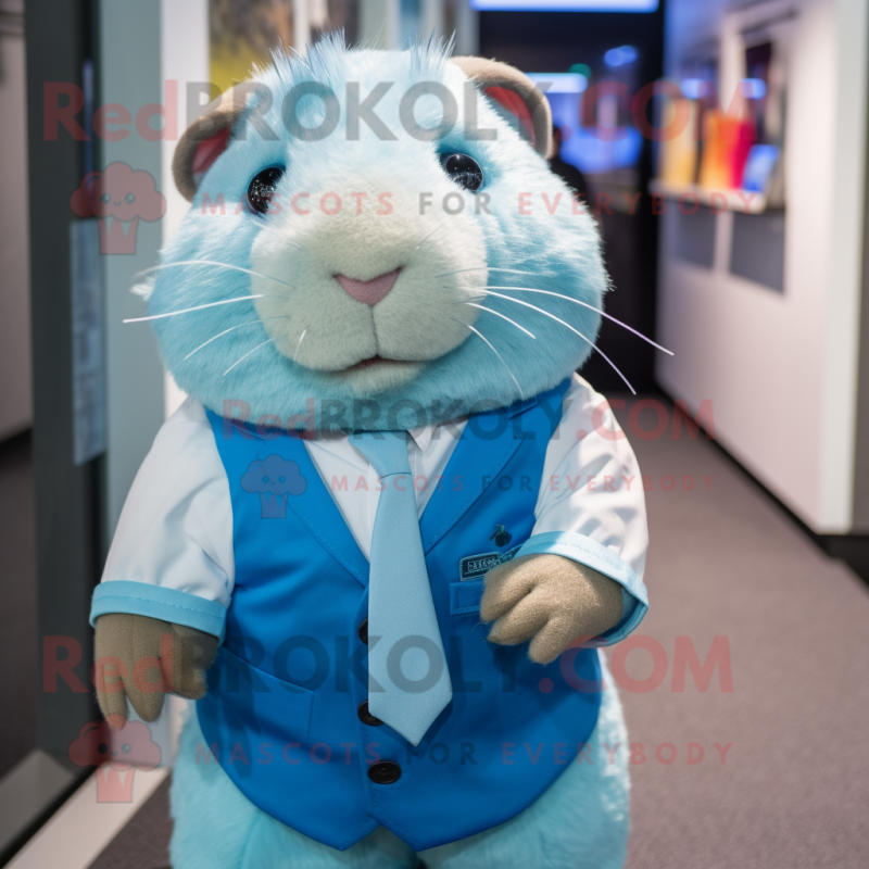Sky Blue Guinea Pig mascot costume character dressed with a Button-Up Shirt and Ties