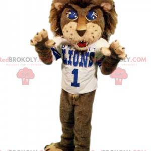 Mascotte leone aggressivo con una maglia sostenitore. -