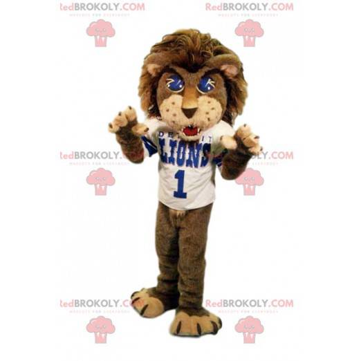 Mascota león agresivo con una camiseta de partidario. -