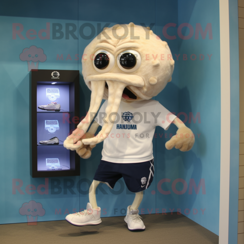 Cream Kraken mascot costume character dressed with a Running Shorts and Brooches