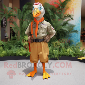 Orange Guinea Fowl mascot costume character dressed with a Cargo Pants and Hair clips