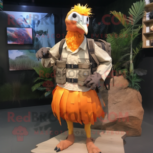 Orange Guinea Fowl mascot costume character dressed with a Cargo Pants and Hair clips