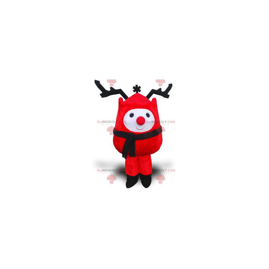 Mascote do boneco de neve vermelho com grandes chifres pretos -