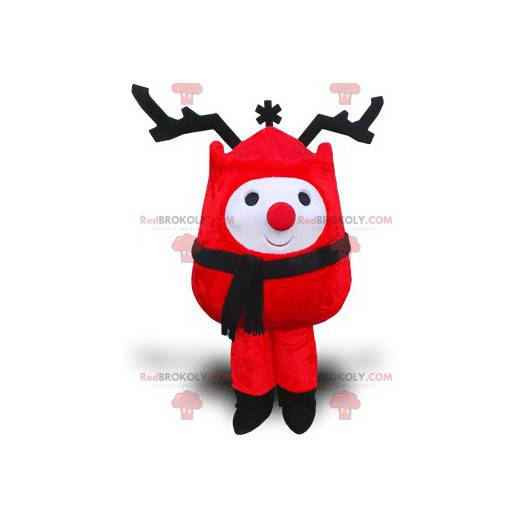 Mascota de muñeco de nieve rojo con grandes astas negras -