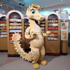Beige Sea Horse mascot costume character dressed with a Bodysuit and Coin purses