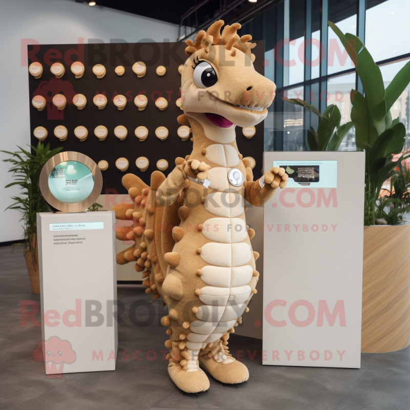 Beige Sea Horse mascot costume character dressed with a Bodysuit and Coin purses Beige Sea Horse mascot costume character dressed with a Bodysuit and Coin purses